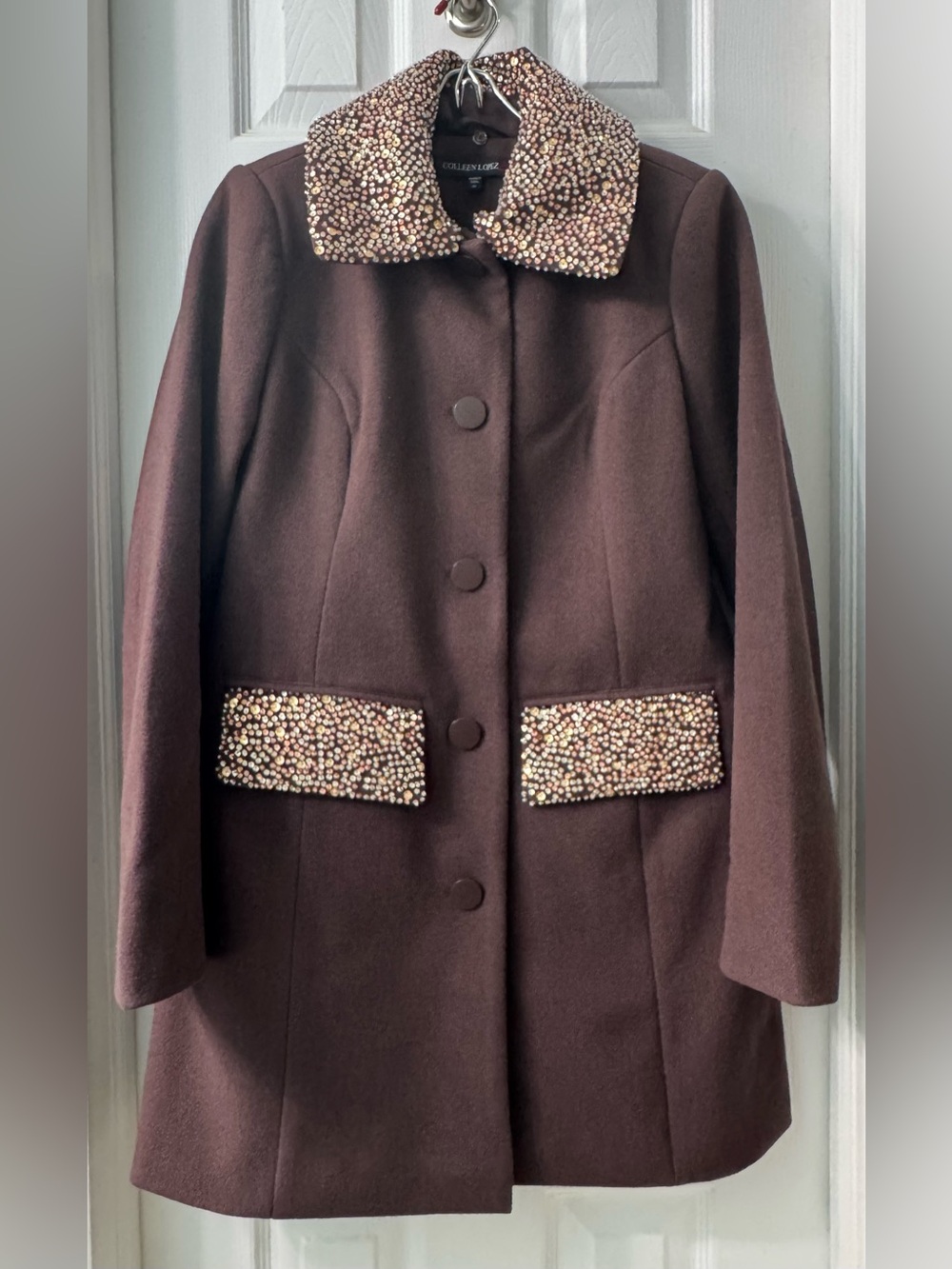 Colleen Lopez Faux Wool Beaded Collar Brown Coat – XS